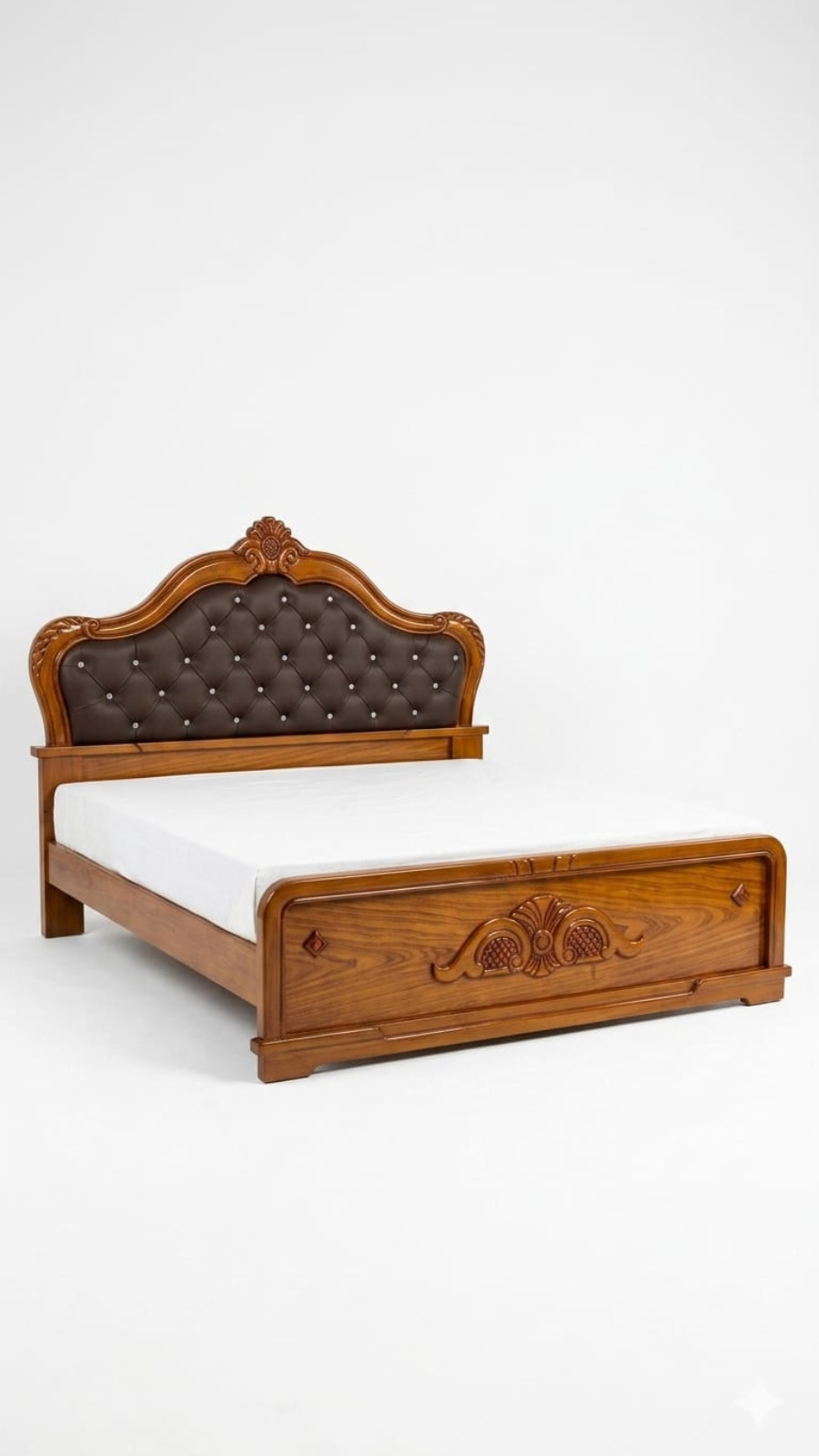 Luxury Teak Wood Finish Platform Cot with Diamond Button Tufted Cushion