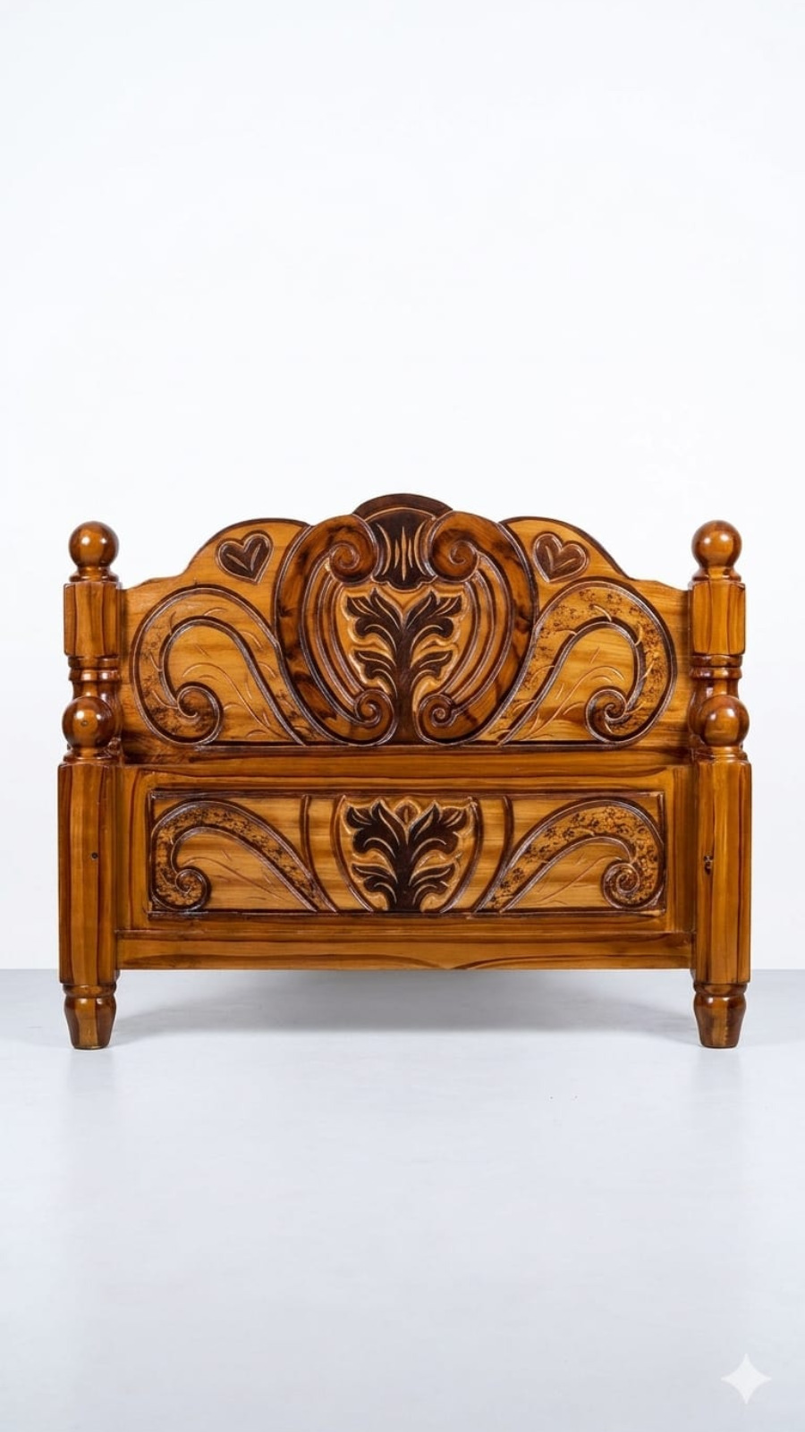 Royal Teak Finish Heavy Wooden Cot with Central Victorian Leaf Medallion 1