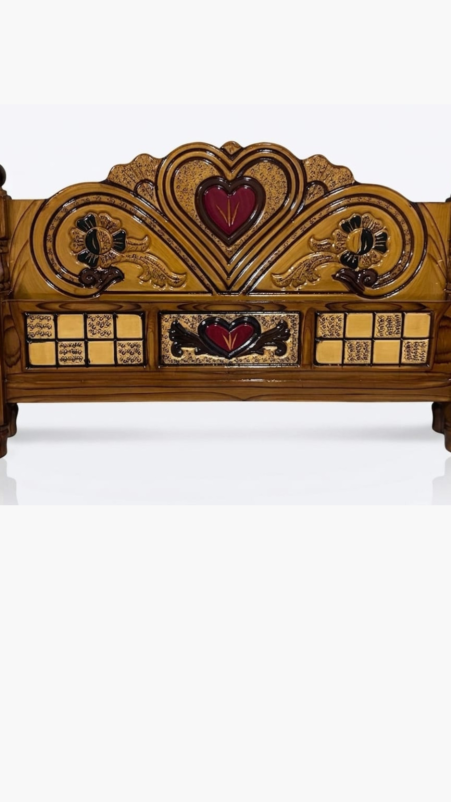 Premium Teak Finish Heritage Cot with Winged Center Heart & Block Patterns