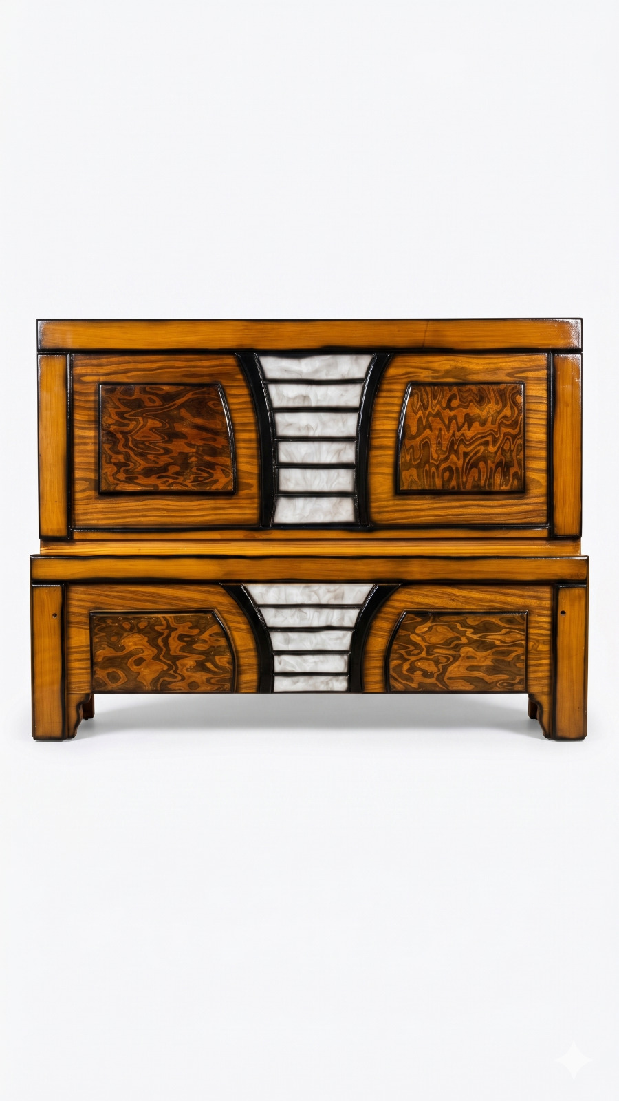 Luxury Teak Finish Cot with Central Slatted White Panels & Burl Wood Texture 1