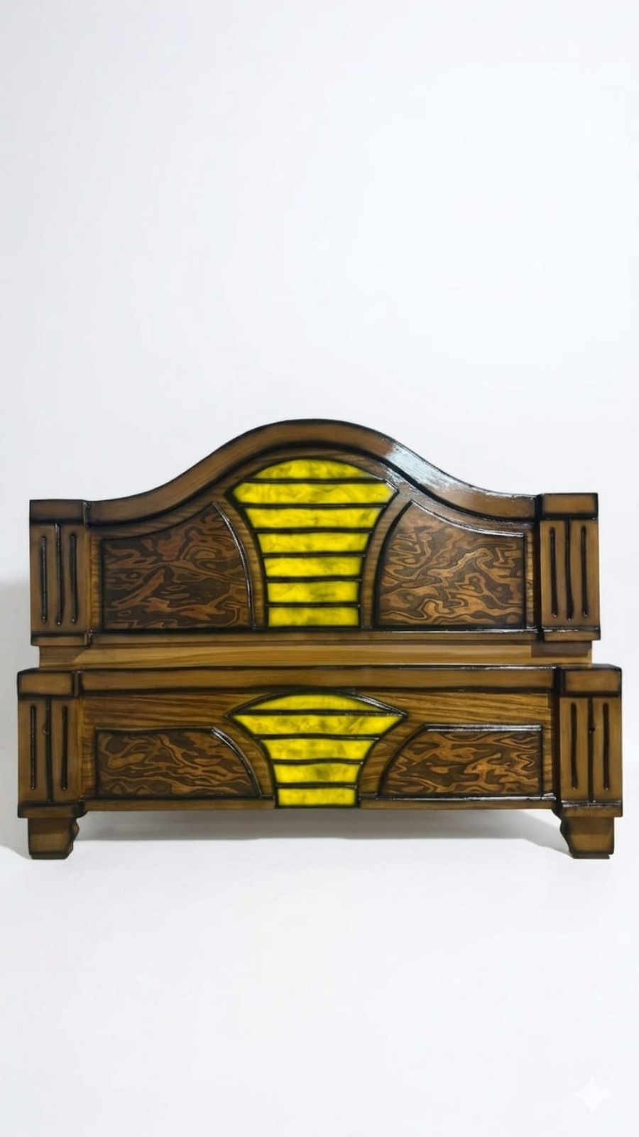 Premium Teak Finish Wooden Cot with Vibrant Yellow Abstract Center Panel 1