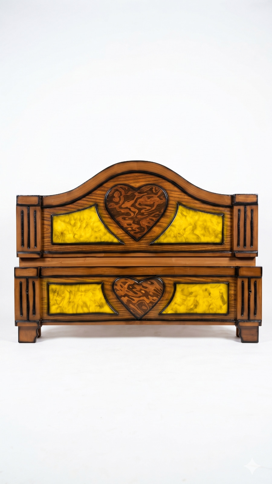 Premium Teak Finish Wooden Cot with Vibrant Yellow Marble Texture & Center Heart 1