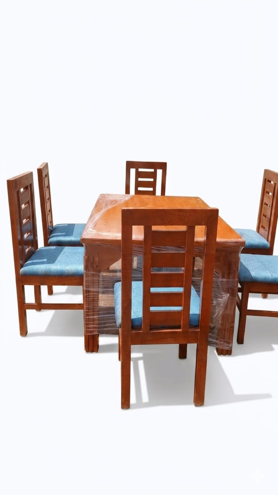 Premium Solid Wood 6-Seater Dining Table Set with Sky Blue Cushioned Chairs 1