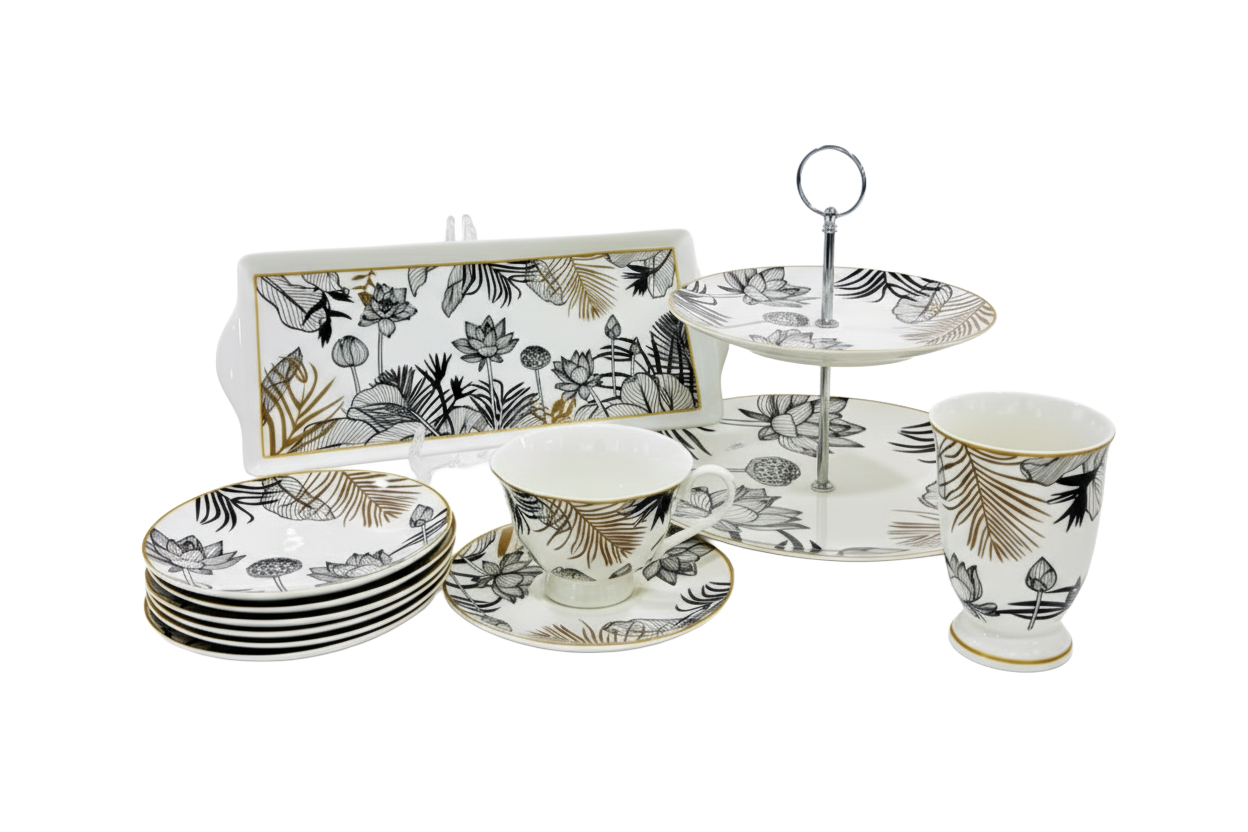 Service à thé fleuri noir et or – 10 pièces
