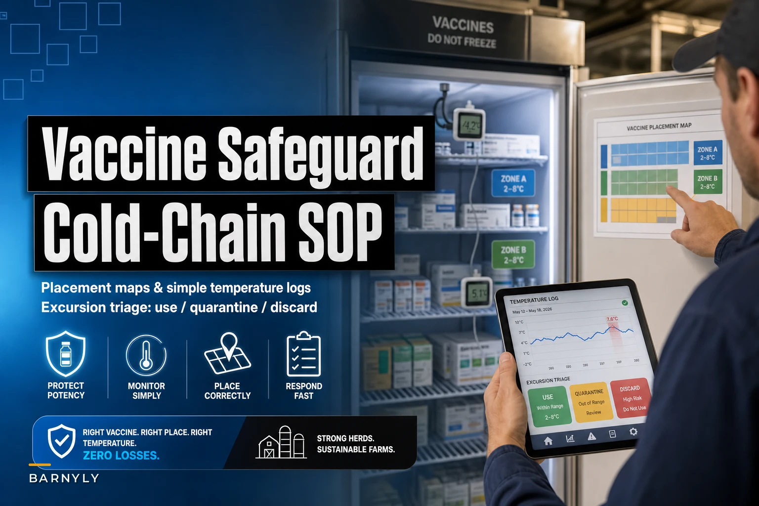 Avoid vaccine losses: a farm cold‑chain SOP with placement maps, simple temperature logs and excursion triage