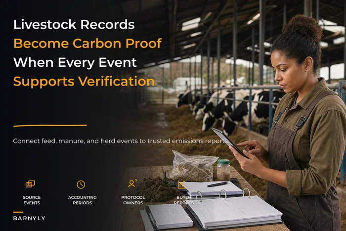 Livestock carbon accounting tied to daily herd records