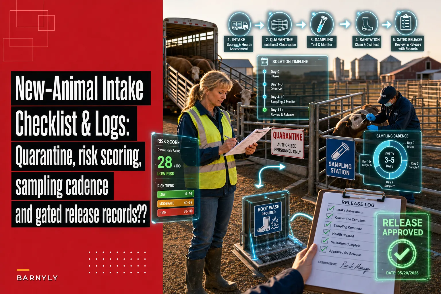 New-animal intake checklist: quarantine, risk scoring, sampling cadence and release logs