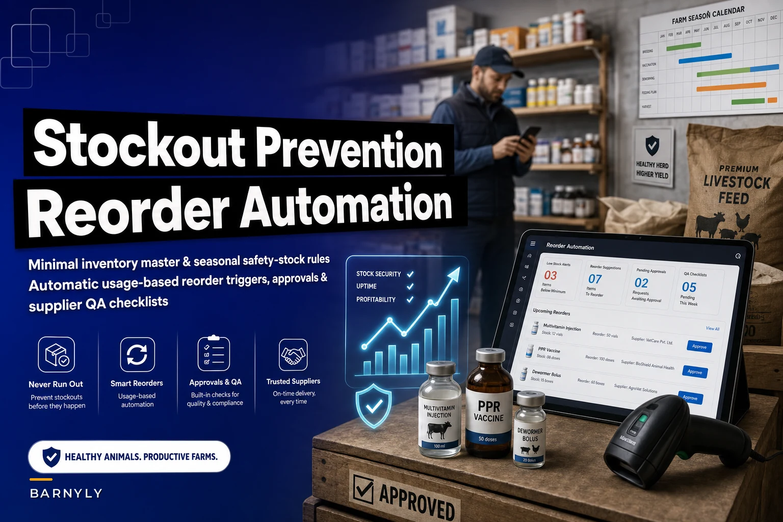 Prevent stockouts with medicine, vaccine and feed reorder automation