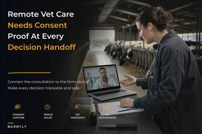 Telemedicine workflows that link vets to on‑farm records: consent, clinical notes, prescription provenance and remote triage