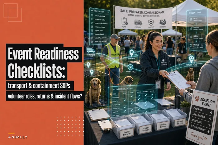 Off-site adoption event operations: animal readiness checklists, transport safety and volunteer role matrices