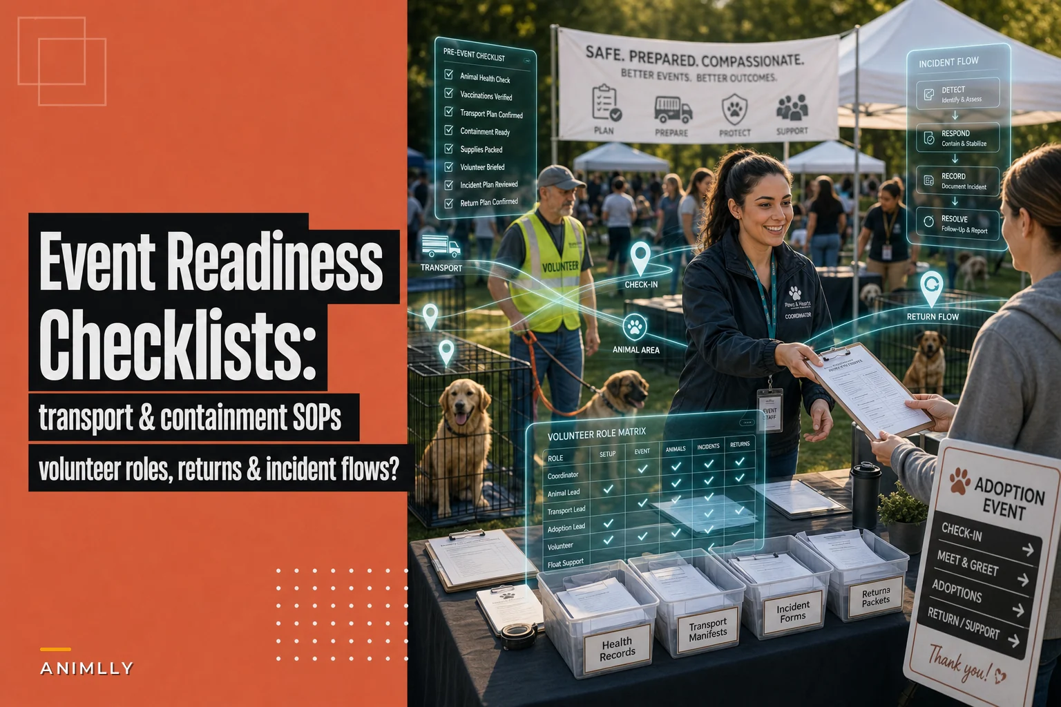 Off-site adoption event operations: animal readiness checklists, transport safety and volunteer role matrices