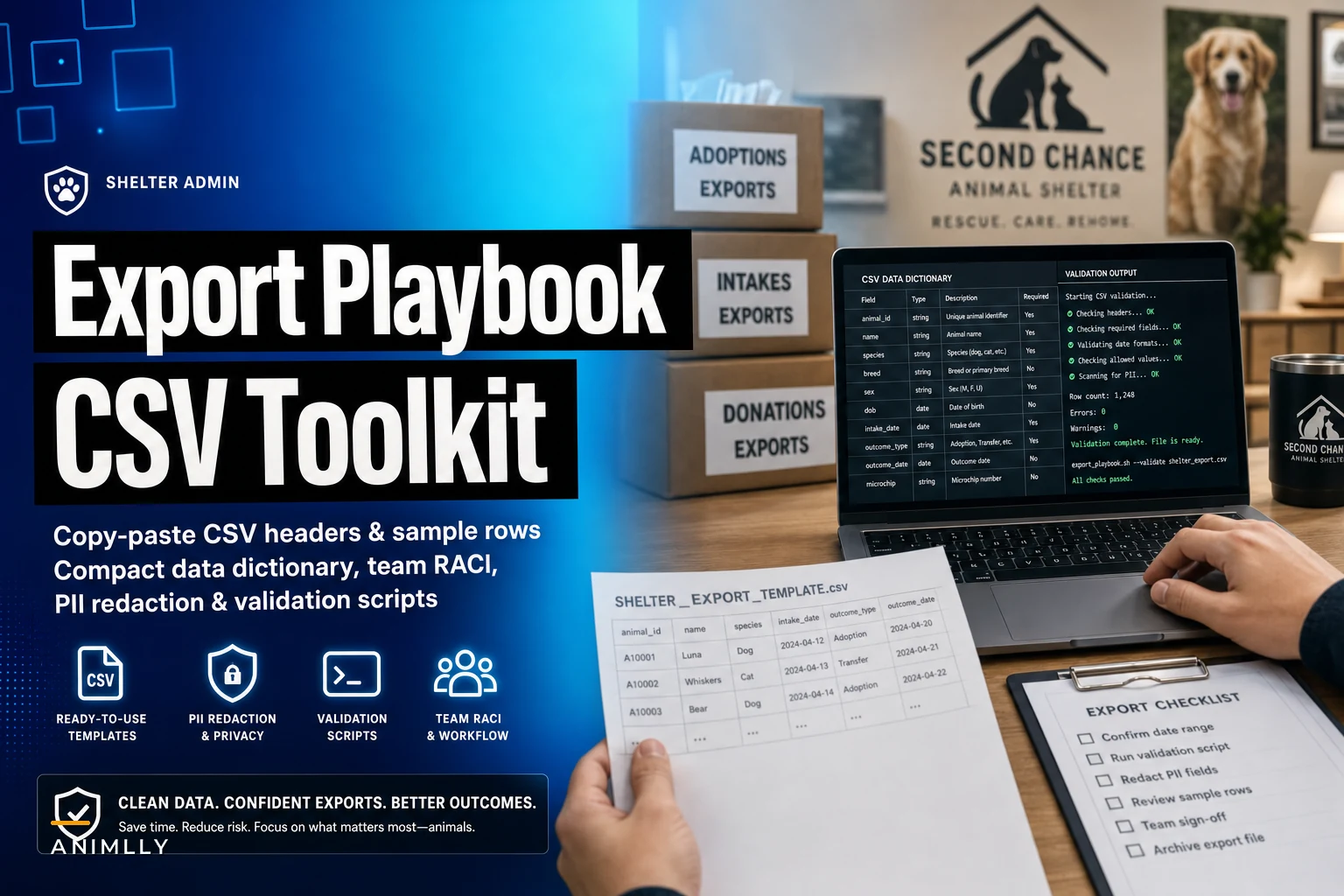Shelter Export Playbook: copy‑paste CSV headers, compact data dictionary, small-team RACI, PII redaction and validation scripts