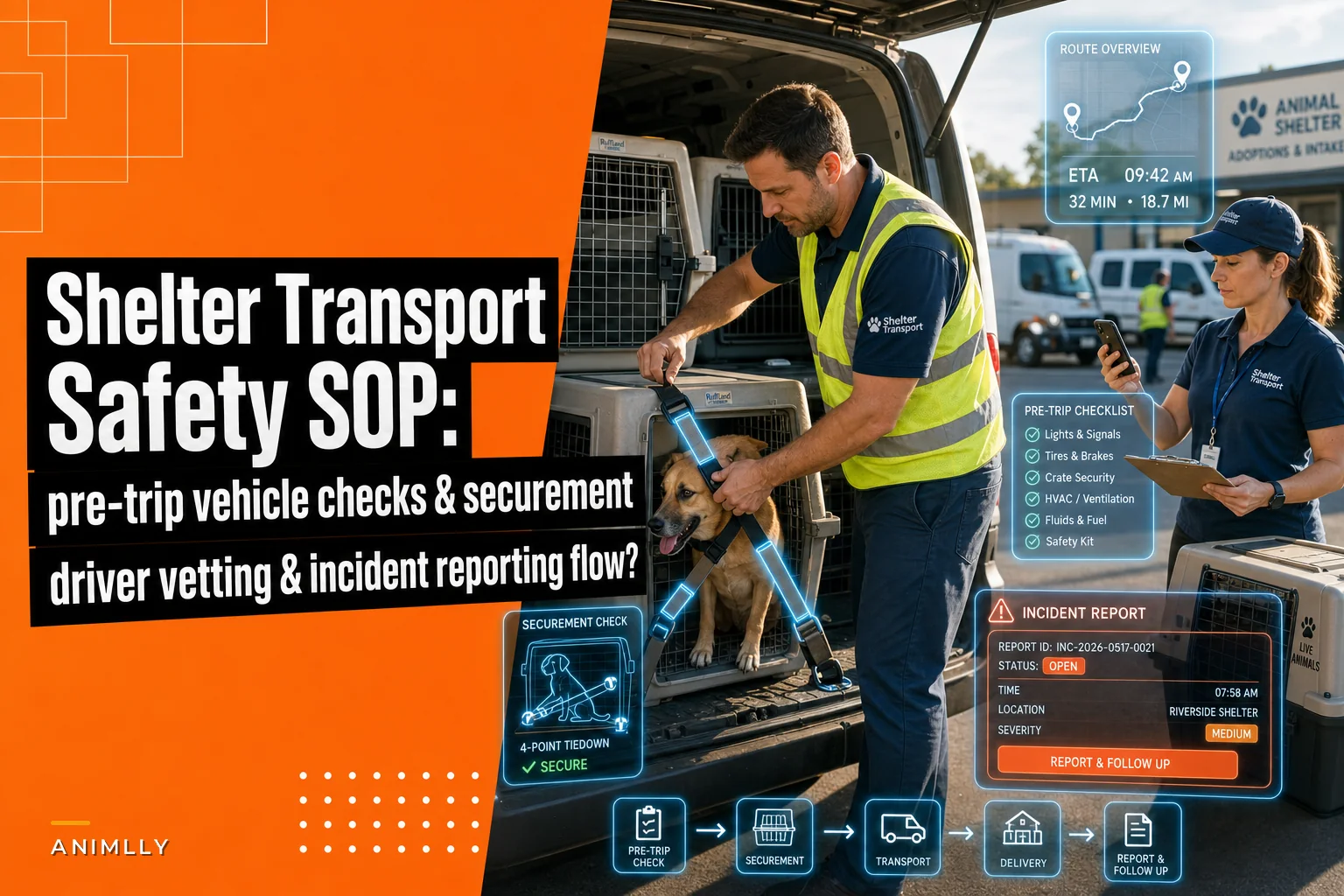 Shelter transport safety SOP: pre-trip vehicle checks, animal securement by size and driver vetting