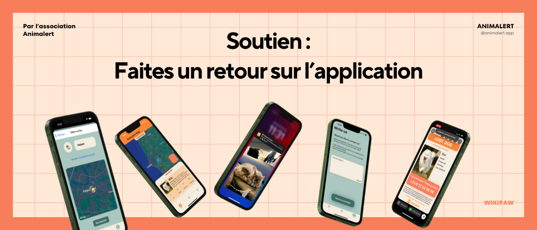 Couverture de l'article illustrée avec différents écrans de l'application pour montrer les différentes fonctionnalités sur lesquelles il est possible de faire un retour, comme le signalement d'animaux perdus.