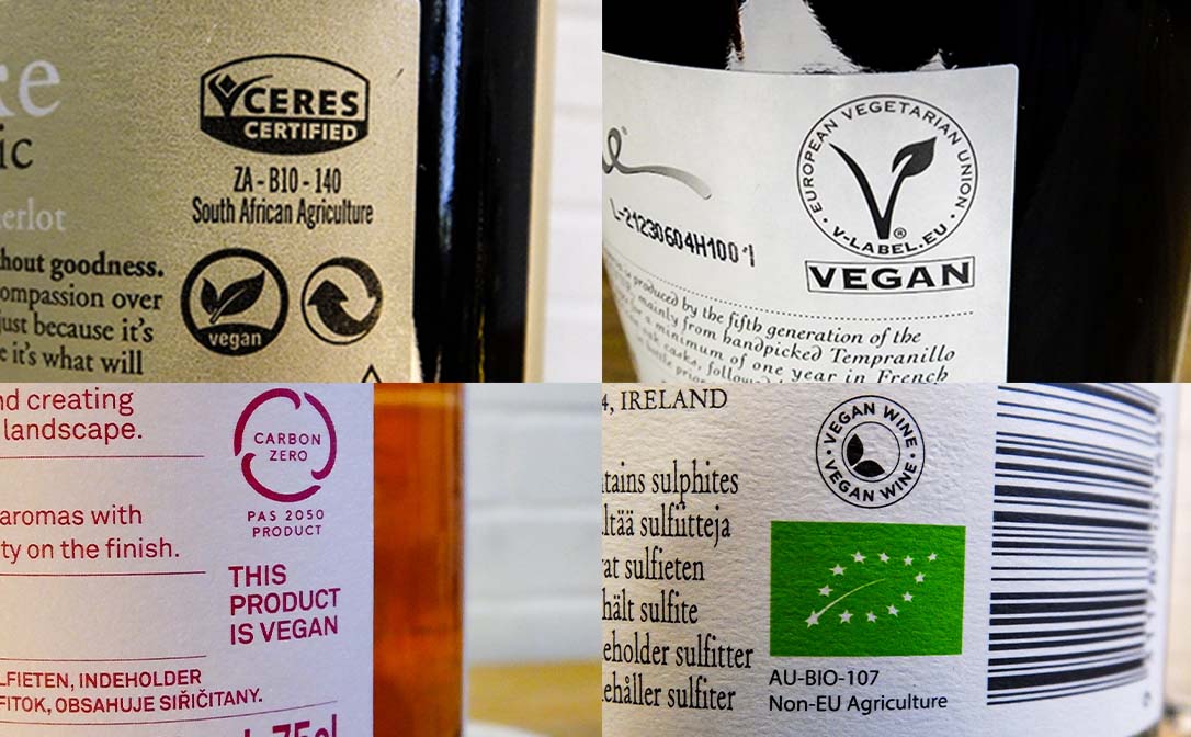Contre-étiquette d'une bouteille de vin portant la mention vin vegan et un logo de certification végétale