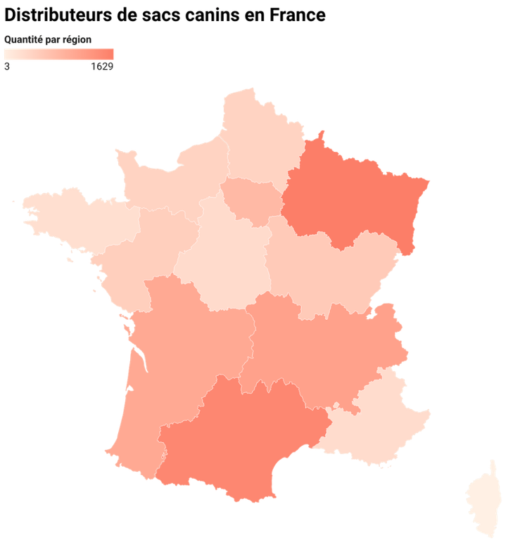 Carte choroplèthe de la France métropolitaine montrant la densité régionale des 8 896 distributeurs de sacs canins recensés. Le Grand-Est, l'Occitanie et l'Auvergne-Rhône-Alpes ressortent en plus forte densité ; la Corse est la moins représentée.