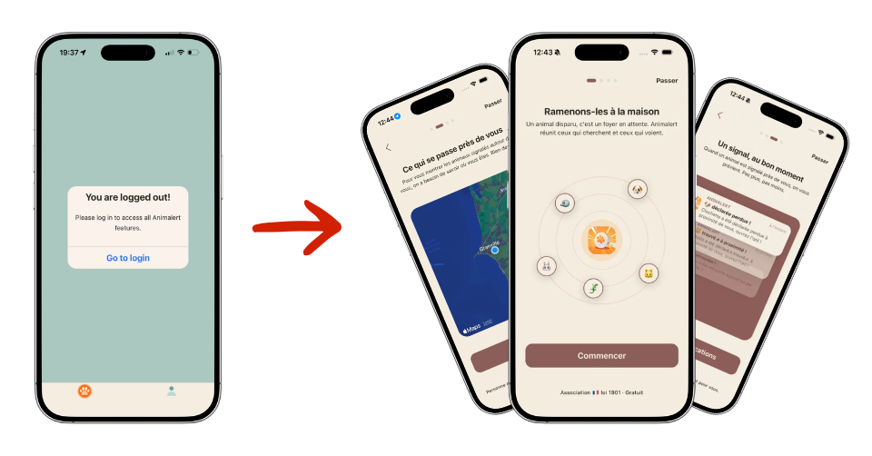Nouvel écran d'onboarding d'Animalert, avec demandes de permissions séquentielles