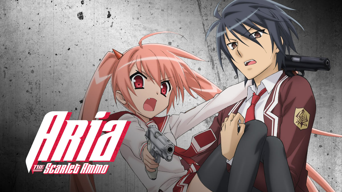 Aria Kanzaki from Aria the Scarlet Ammo holding pistols in action pose {1200x675}{priority}{caption: Aria the Scarlet Ammo}