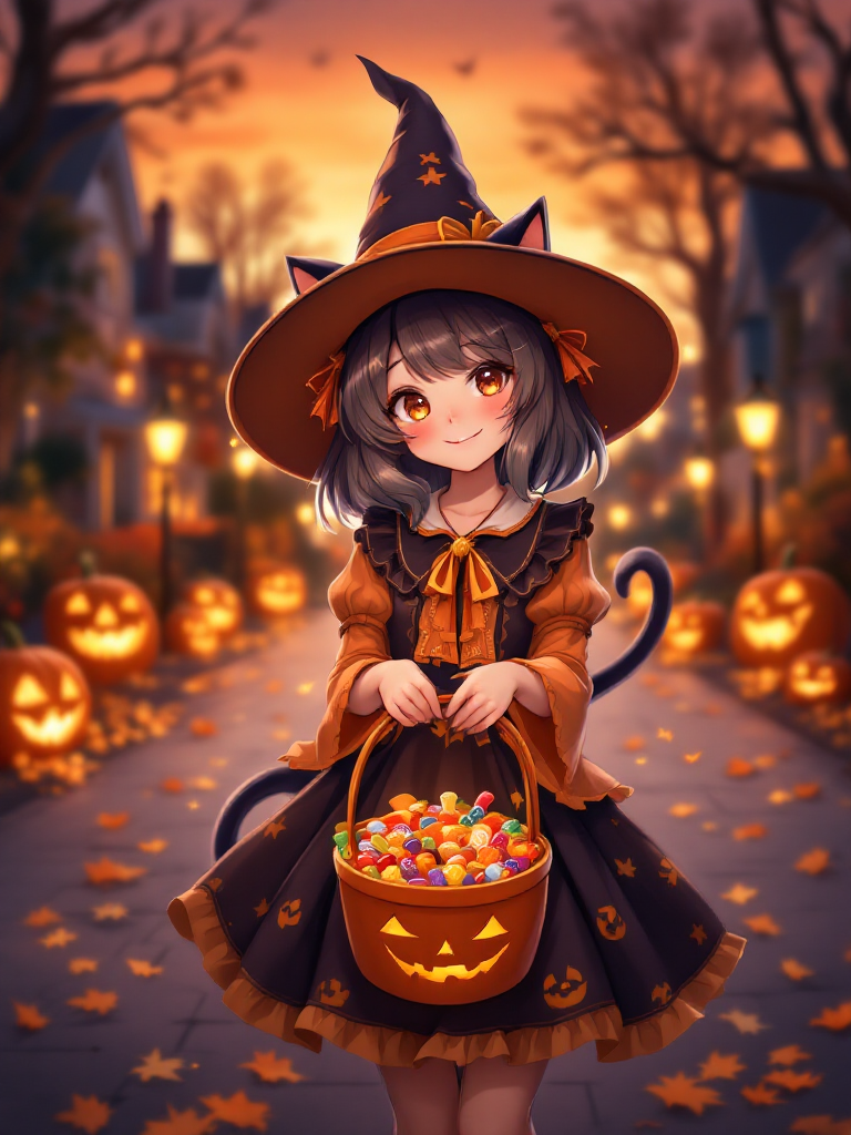 ハロウィン・お菓子集めのアニメ女の子 (ComfyStudio) - FLUX (curated anime workflow) で生成した AI イラスト プレビュー