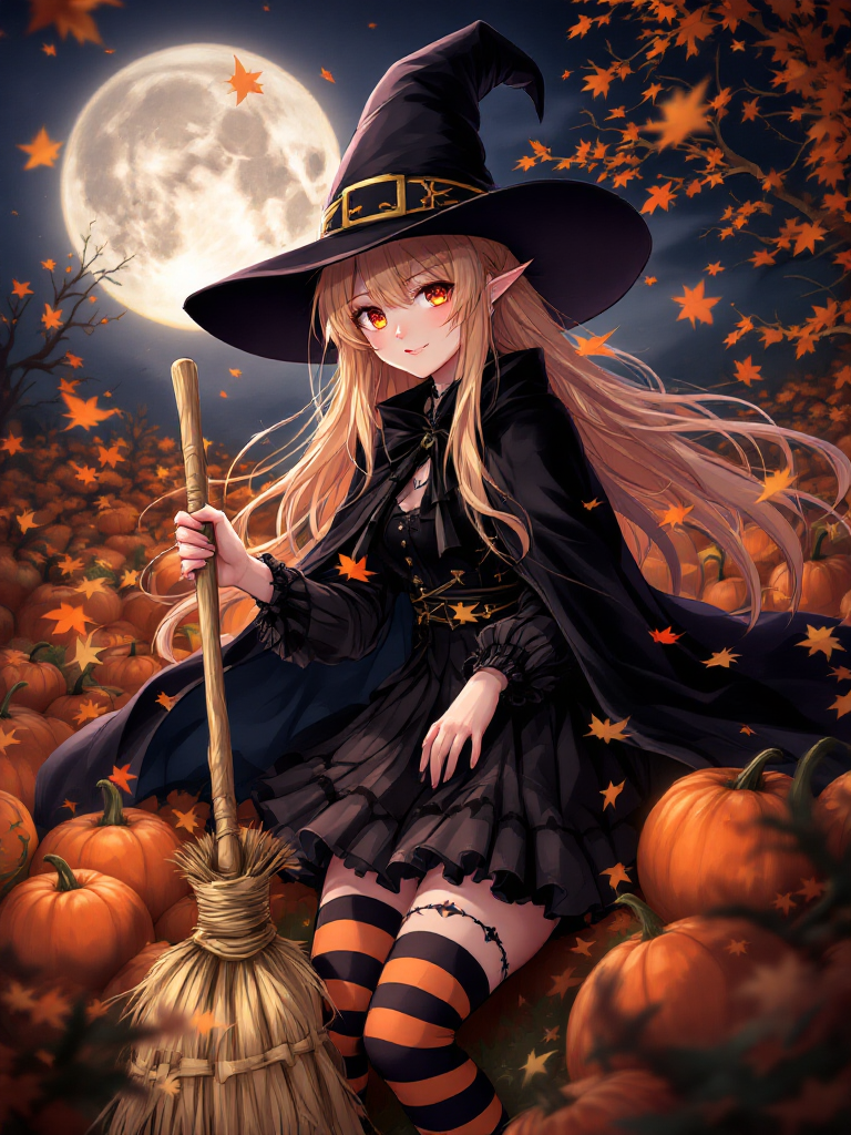 ハロウィン魔女コスチュームのアニメ女の子 (ComfyStudio) - FLUX (curated anime workflow) で生成した AI イラスト プレビュー