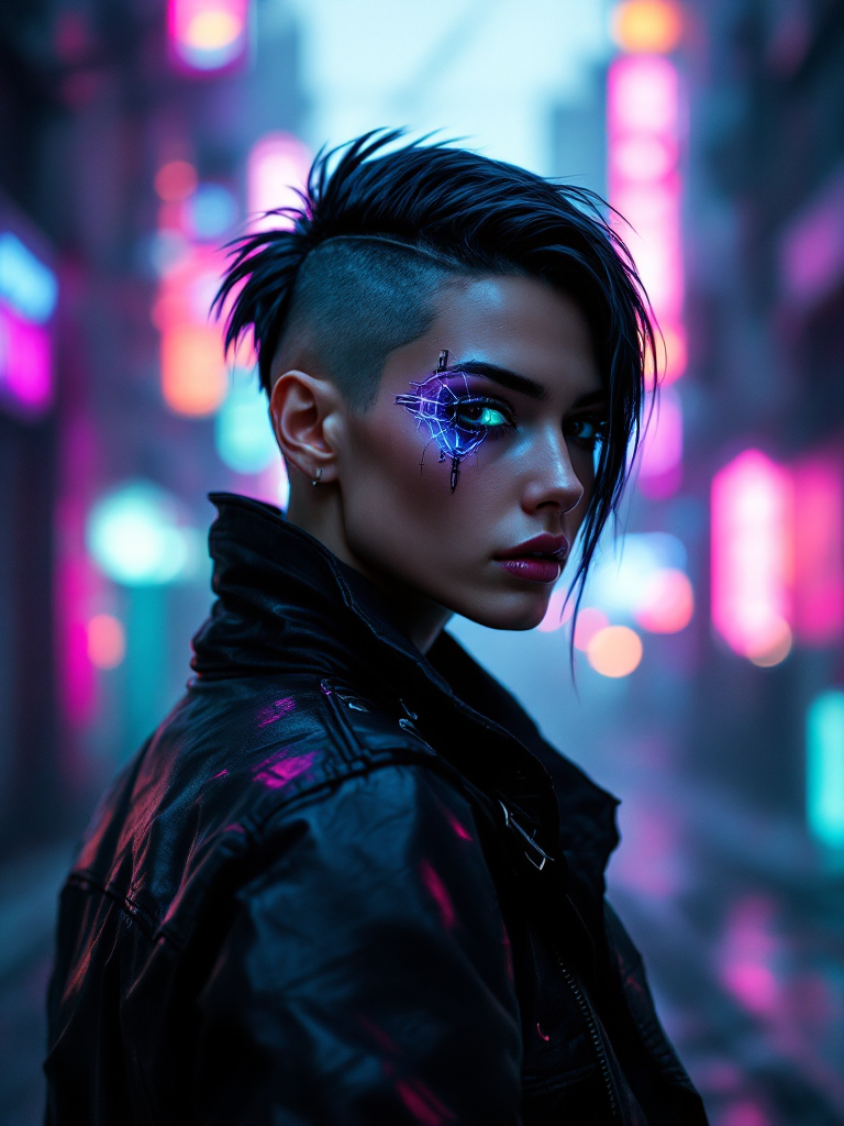 サイバーパンク主人公キャラポートレート (ComfyStudio) - FLUX (curated cyberpunk workflow) で生成した AI イラスト プレビュー