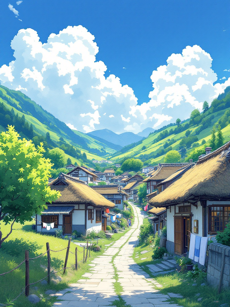 ジブリ風田舎の村風景プロンプト (ComfyStudio) - FLUX (curated watercolor workflow) で生成した AI イラスト プレビュー