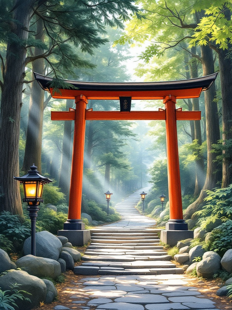 日本の神社・鳥居の風景イラスト (ComfyStudio) - FLUX (curated watercolor workflow) で生成した AI イラスト プレビュー