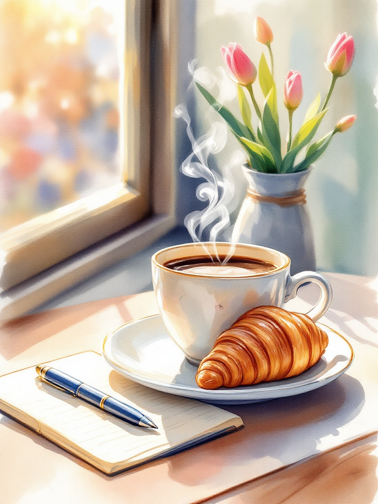 水彩風カフェ・コーヒーシーンのプロンプト (ComfyStudio) - FLUX (curated watercolor workflow) で生成した AI イラスト プレビュー
