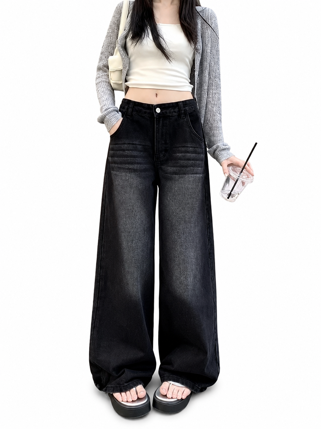 Women's Black Washed Wide-Leg Baggy Jeans