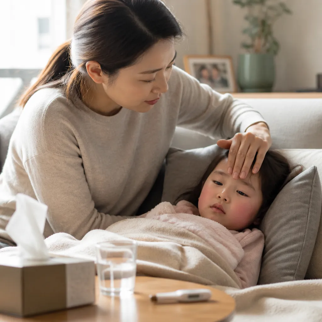 아이 발열 관리하는 어머니