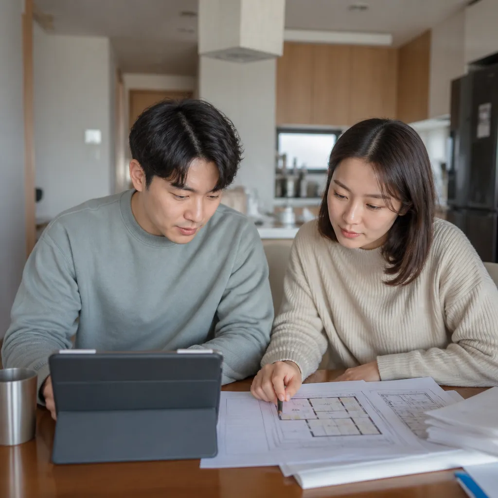 아파트잔금대출 — 커플이 가정에서 분양 서류와 자금을 검토하는 모습