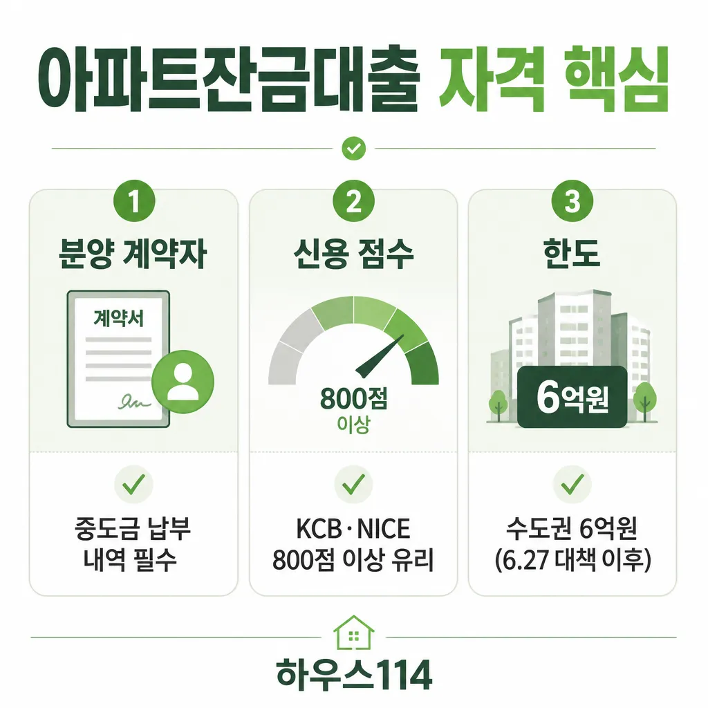 아파트잔금대출 자격 핵심 — 분양 계약자·신용 점수·6억 한도