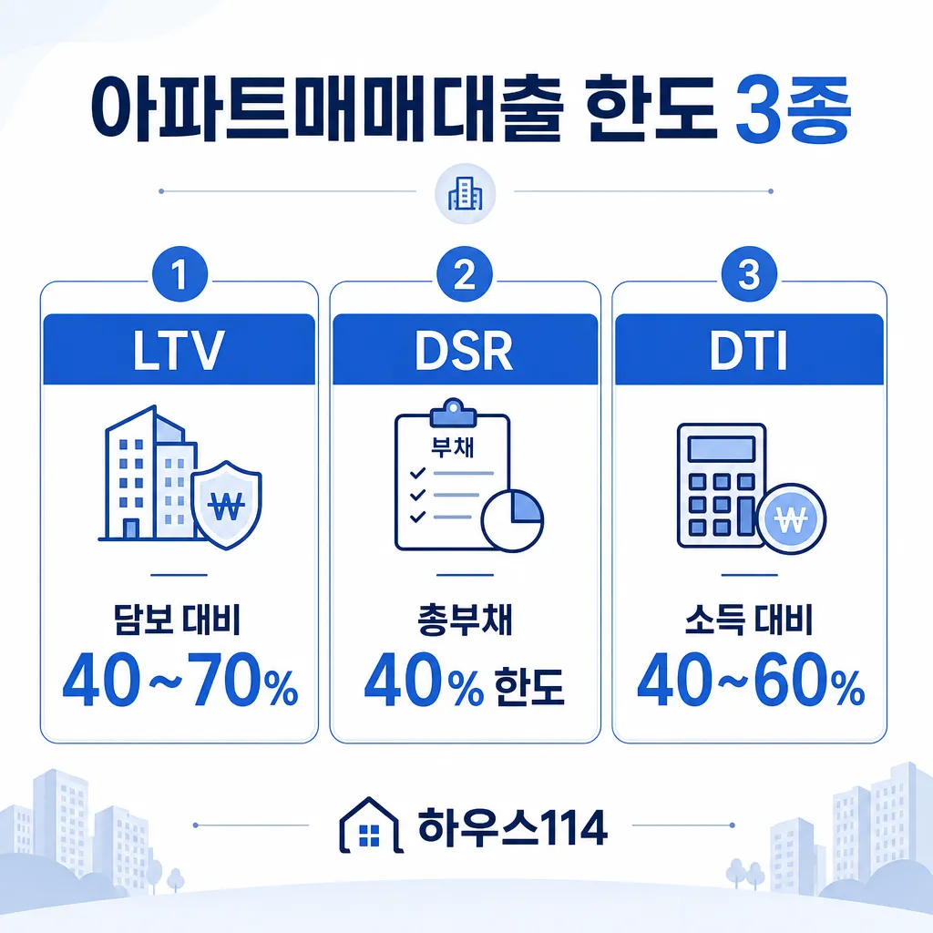아파트매매대출 LTV·DSR·DTI 한도 3종 매트릭스 인포그래픽