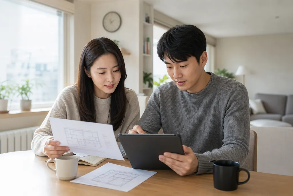 아파트매매대출 신청 — 부부가 집에서 매매 서류를 검토하는 모습