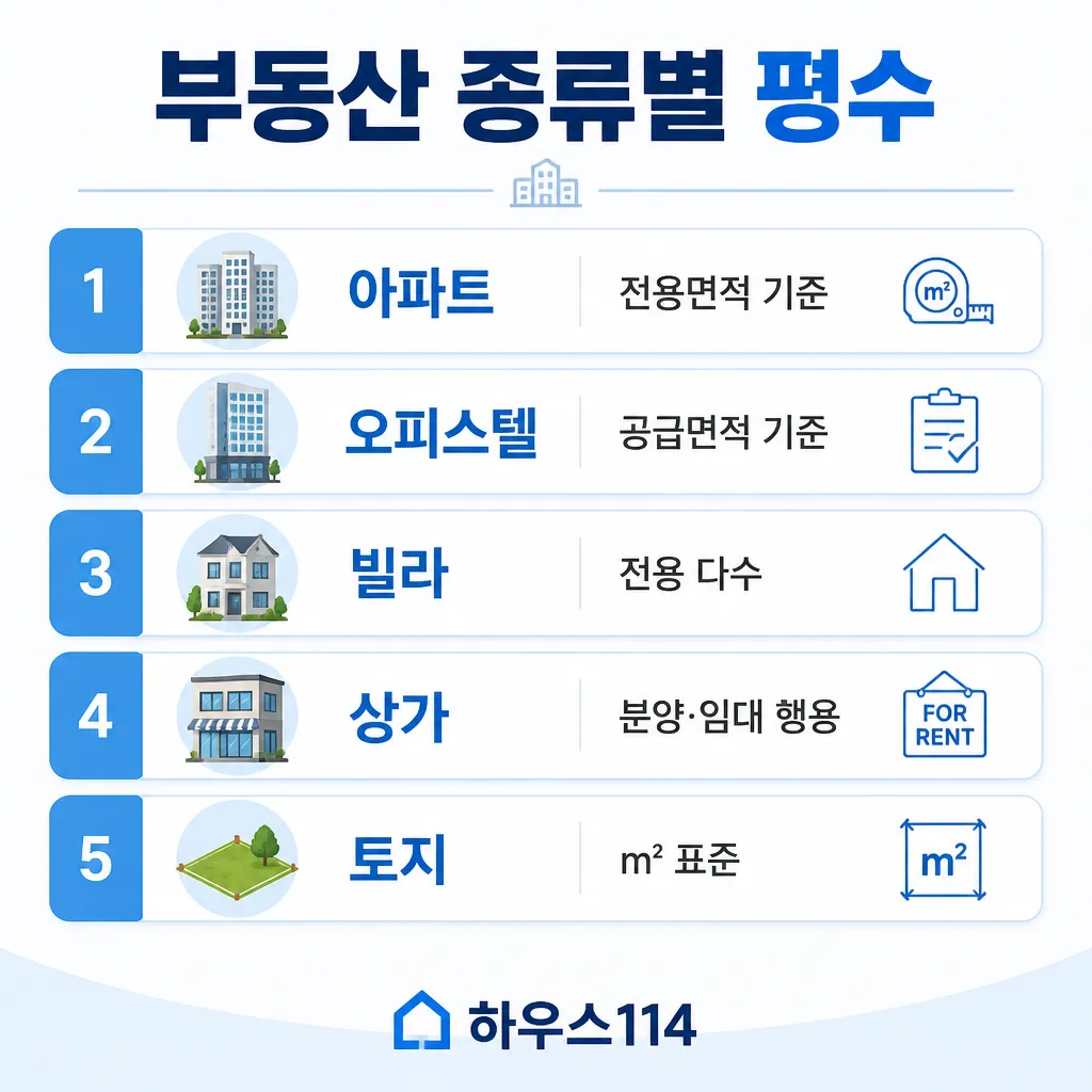 부동산 종류별 평수 — 아파트·오피스텔·빌라·상가·토지