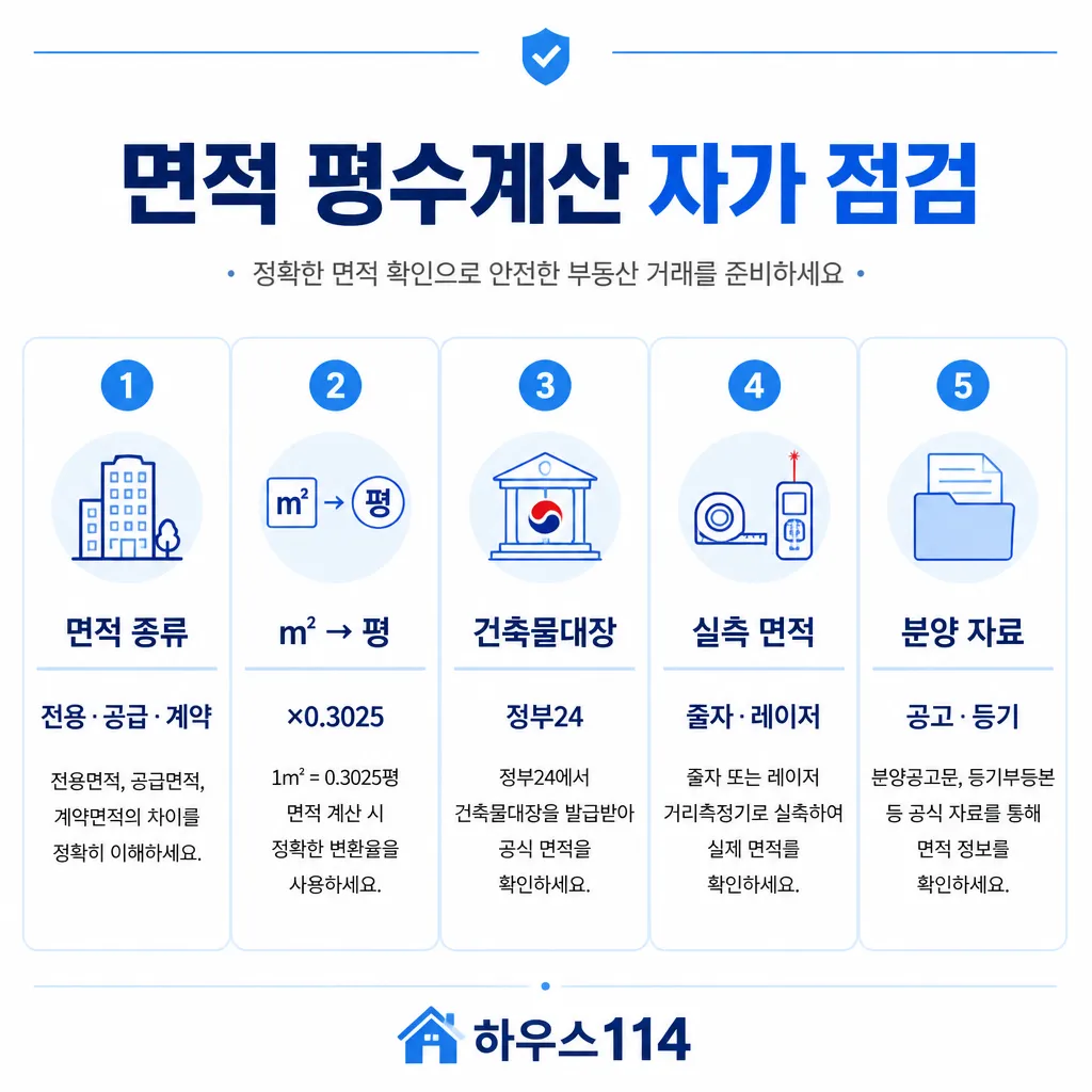 면적 평수계산 자가 점검 — 면적 종류·환산·건축물대장·실측·분양
