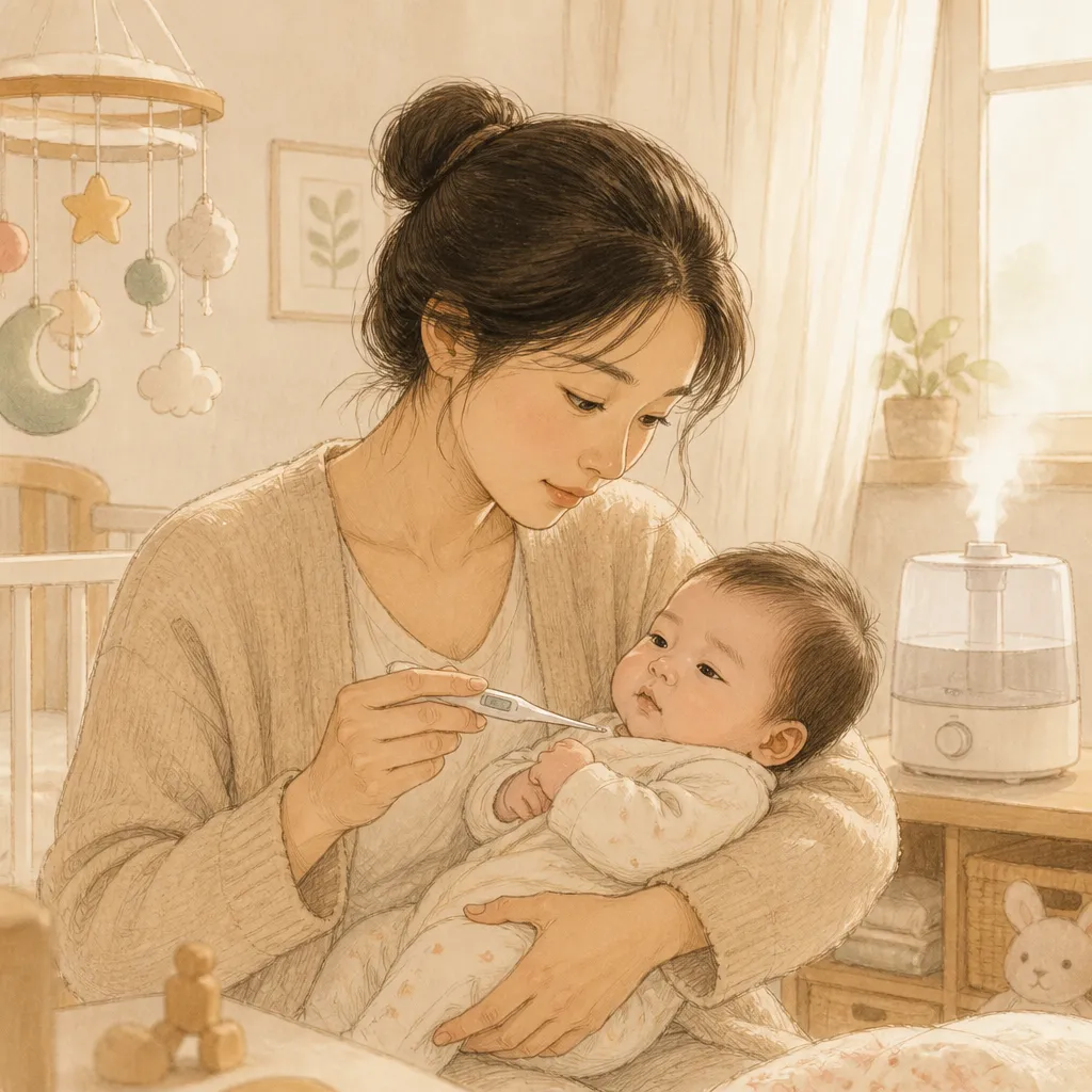 아기 체온 확인하는 엄마