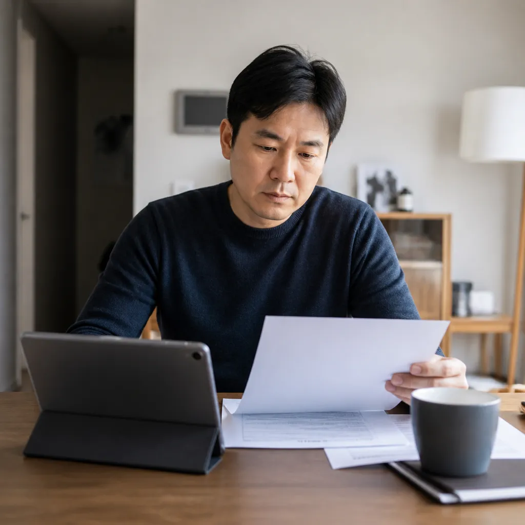 빌딩 중개 — 가정에서 부동산 서류와 태블릿을 검토하는 모습