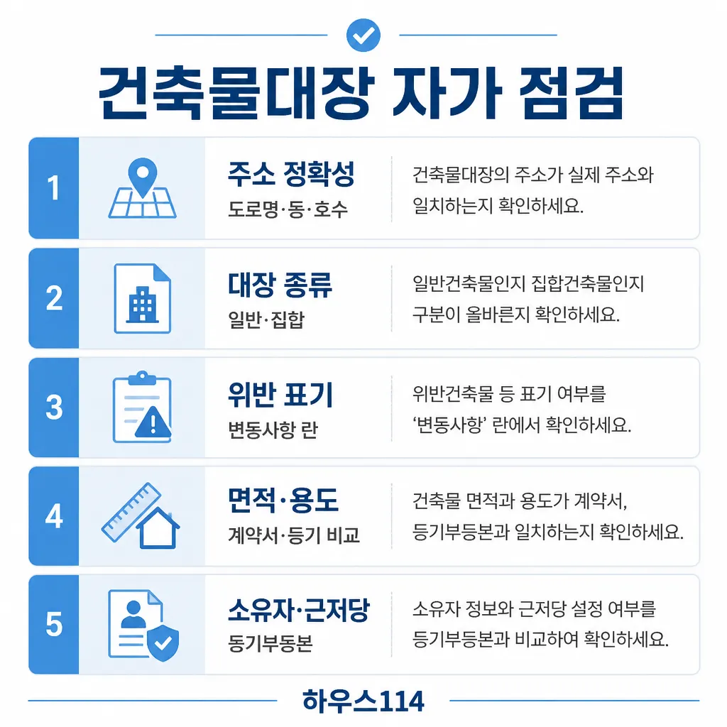 건축물대장 자가 점검 — 주소·대장 종류·위반 표기·면적·소유자