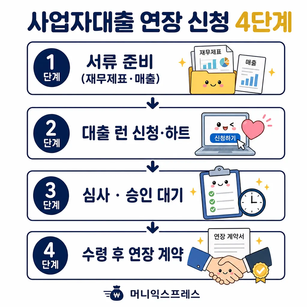 사업자대출 연장 신청 4단계 카와이 인포그래픽