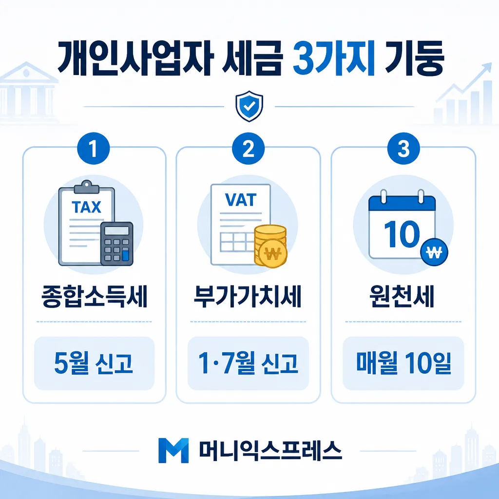 개인사업자 세금 3가지 기둥 — 종합소득세·부가가치세·원천세