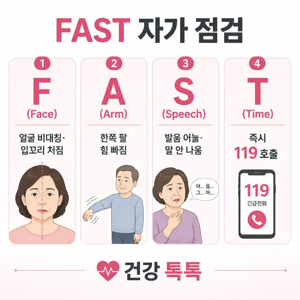 뇌경색 초기 증상 FAST 자가 점검 — Face·Arm·Speech·Time