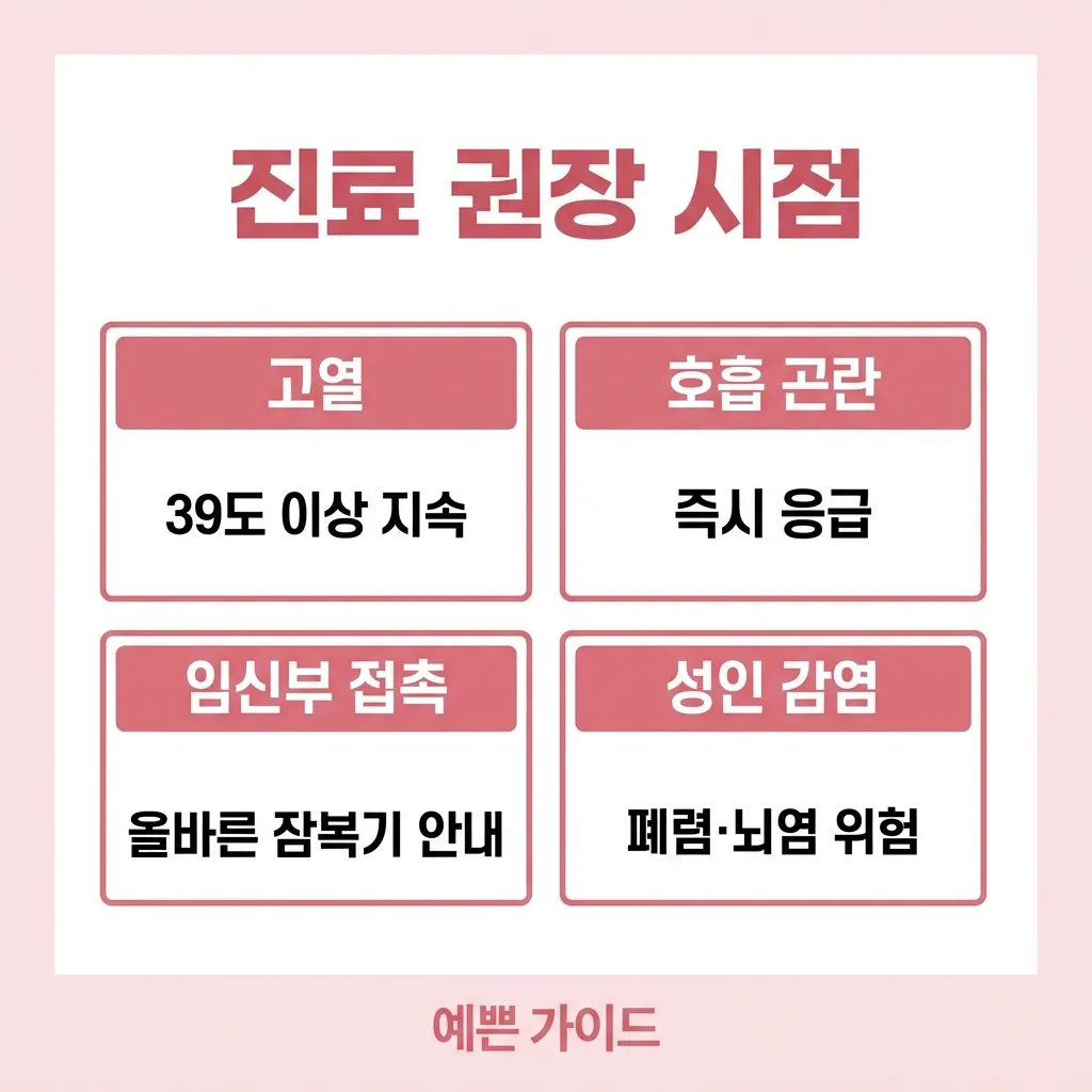 수두 증상 진료 권장 시점 — 고열·호흡·임신·성인