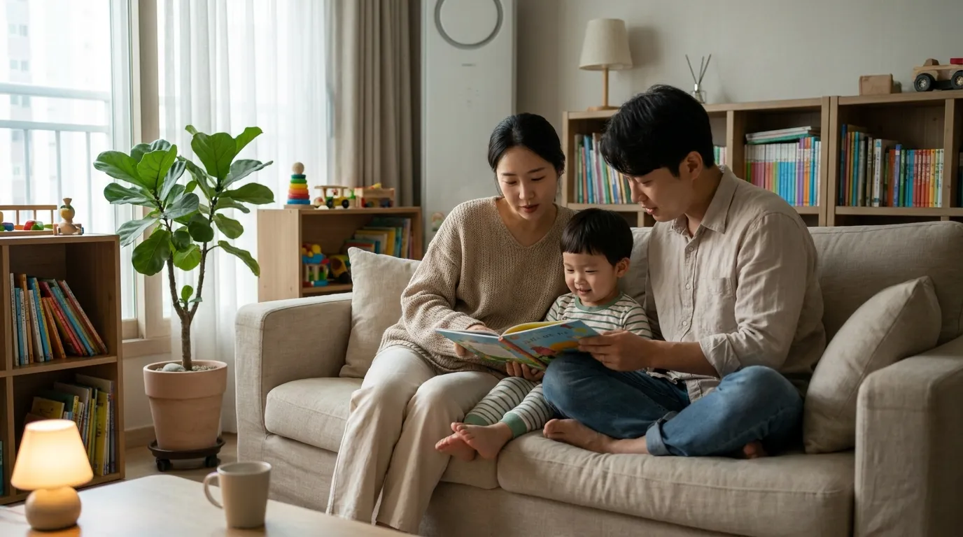 수두 증상 — 부모가 아이 곁에서 책 읽는 모습