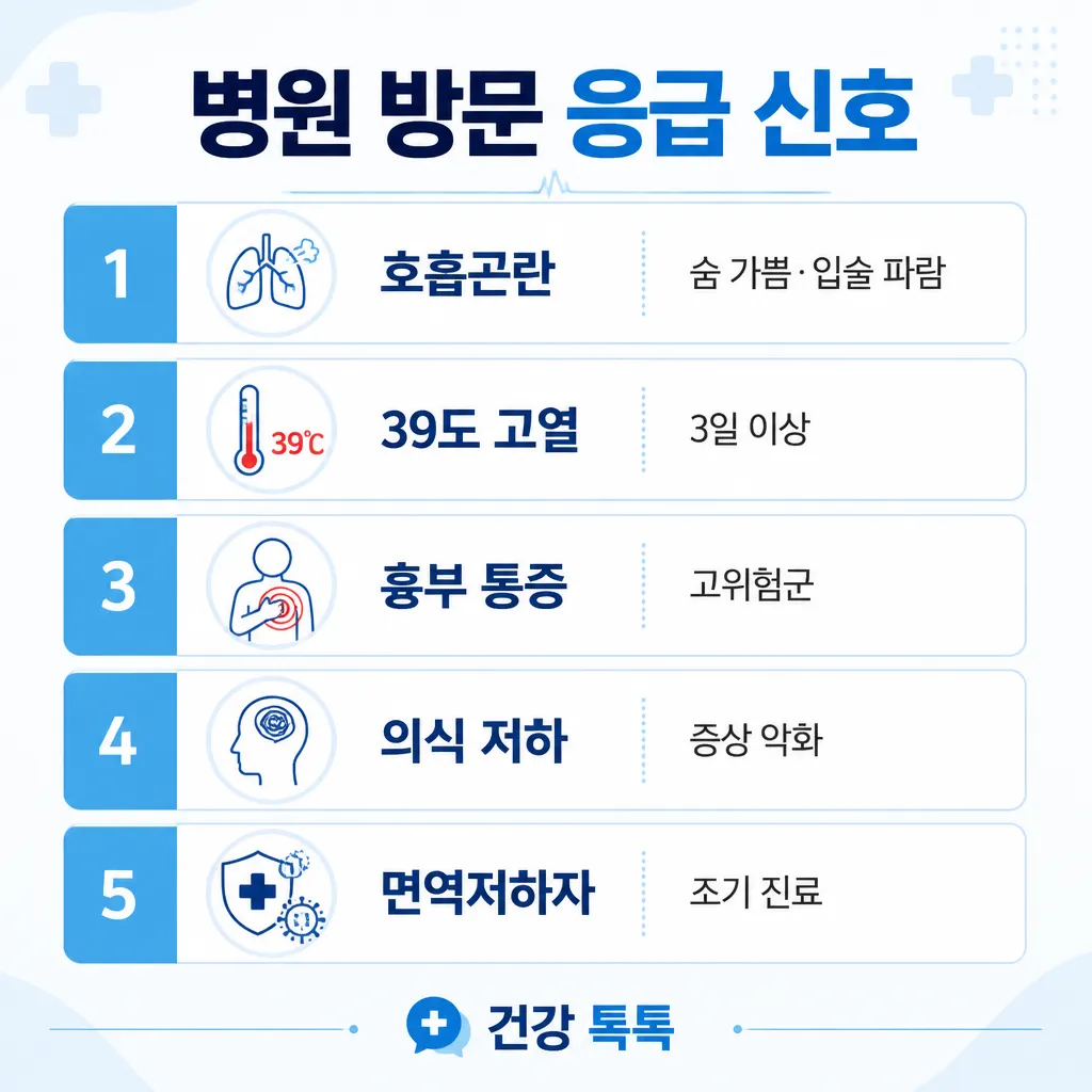 코로나 응급 신호 — 호흡곤란·고열·흉부 통증·의식 저하·면역저하자