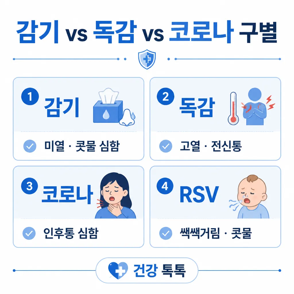 감기 vs 독감 vs 코로나 vs RSV — 증상 구별 비교