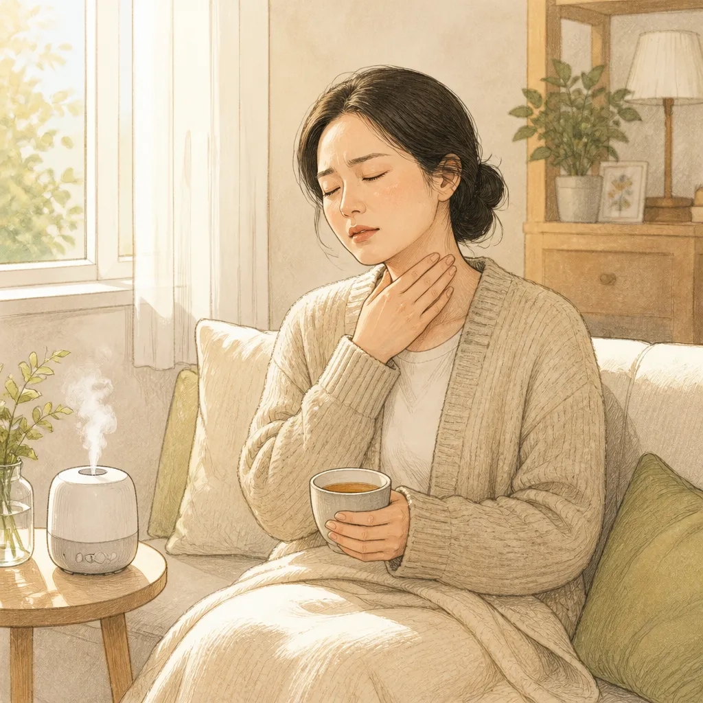 코로나 — 가정에서 따뜻한 차로 인후통을 진정하는 모습
