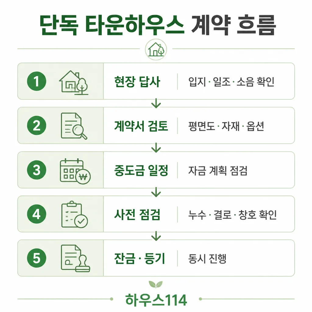 단독 타운하우스 계약 흐름 — 답사·계약·중도금·점검·잔금 5단계