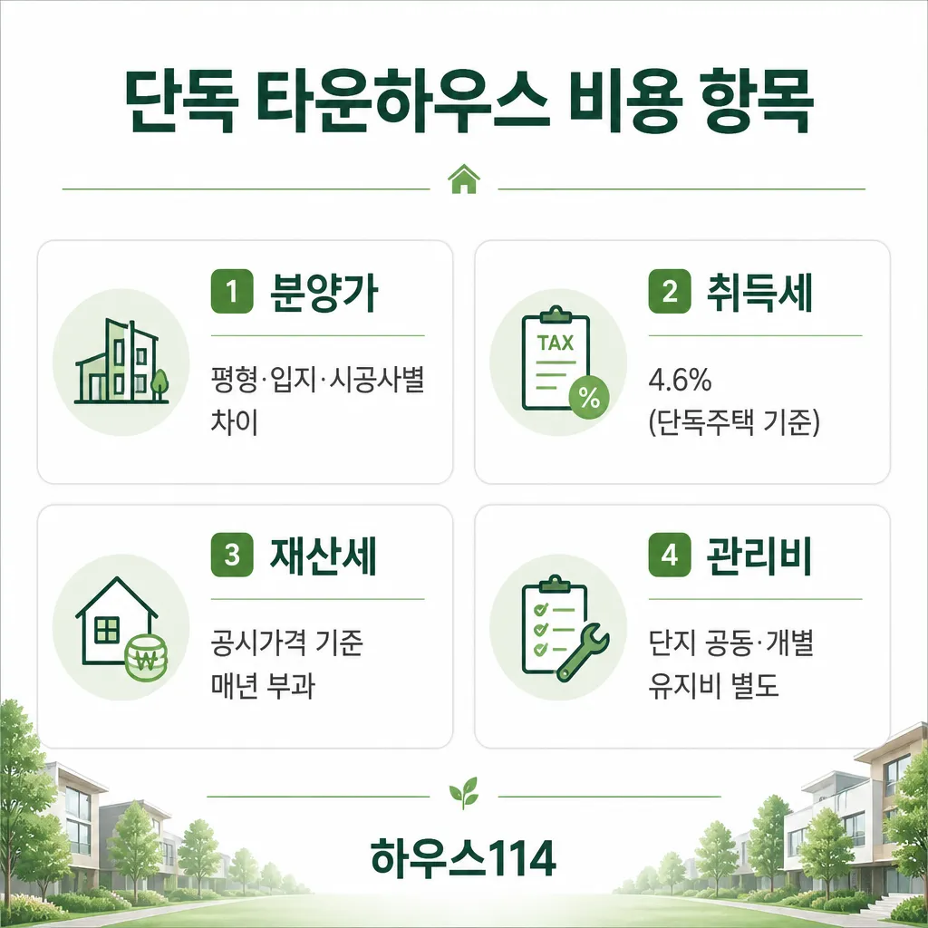 단독 타운하우스 비용 항목 — 분양가·취득세·재산세·관리비