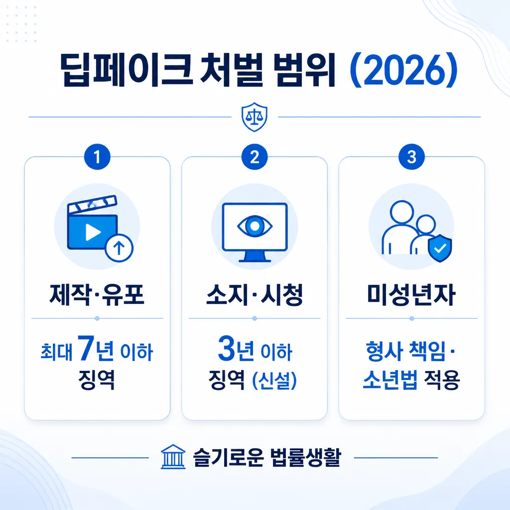 딥페이크 처벌 범위 — 제작·유포·소지·시청·미성년자 처벌 기준 2026
